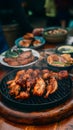 Grilled chicken and pork in local restaurant in Vang Vieng