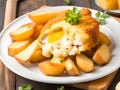grilled chicken and potatoes with cheese and apple on plate. healthy food Royalty Free Stock Photo