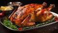 Grilled chicken and roast turkey on homemade gourmet plate generated by AI