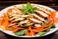 grilled chicken salad with carrot strips and radish slices