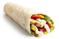 Grilled chicken and salad tortilla wrap with white sauce isolate