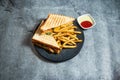 Grilled chicken sandwich with french fries and mayo dip sauce served in plate isolated on background top view of breakfast food Royalty Free Stock Photo