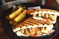 Grilled chicken sandwich with fries served on a plate Royalty Free Stock Photo