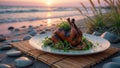 Roasted Chicken Beach Sunset Dinner: Gourmet Seaside Meal Royalty Free Stock Photo