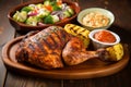 Grilled chicken and side Dishes. vegetable salad. wood grain plate. Royalty Free Stock Photo