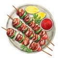 Grilled chicken skewers with lemon. Watercolor illustration