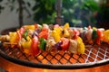 Grilled Chicken Skewers with Vegetables, French Fries and Various Dips - a set of photos showing an entire recipe preparation Royalty Free Stock Photo