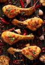 Grilled chicken, Spicy grilled chicken legs, drumsticks with the addition of chili peppers, garlic and fresh herbs on the grill pl Royalty Free Stock Photo