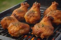 Grilled chicken thighs and vegetables on a grill pan close-up. horizontal top view. Royalty Free Stock Photo