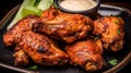 An grilled chicken wings with celery and red tomato sauce and white Mayonnaise sauce