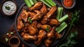 An grilled chicken wings with celery and red tomato sauce and white Mayonnaise sauce