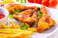 Grilled chicken wings,legs,chips and vegetables Royalty Free Stock Photo