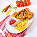 Grilled chicken wings,legs,chips and vegetables Royalty Free Stock Photo