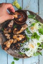 Grilled Chicken Wings Lemongrass with Peas and Noodles Salad Royalty Free Stock Photo