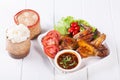 Grilled Chicken Wings with Red Spicy Sauce and Sticky Rice Royalty Free Stock Photo