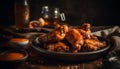 Grilled chicken wings on rustic wood plate, perfect pub appetizer generated by AI Royalty Free Stock Photo