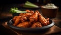 Grilled chicken wings on rustic wood plate with savory dip generated by AI Royalty Free Stock Photo