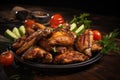 Grilled chicken wings with vegetables on a wooden table. Restaurant menu, Grilled chicken wings with vegetables on dark wooden Royalty Free Stock Photo