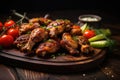 Grilled chicken wings on wooden cutting board with sauce and vegetables, Grilled chicken wings with vegetables on dark wooden Royalty Free Stock Photo