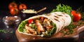 Grilled Chicken Wrap A Fresh Grilled Chicken Wrap With Flying Ingredients And Spices Ready To Serve