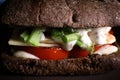 Club sandwich with ham, cheese, red tomatoes, green onions close up on a black background. Royalty Free Stock Photo