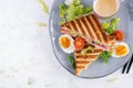 Grilled club sandwich panini with ham, tomato, cheese, avocado and cup of coffee. Royalty Free Stock Photo