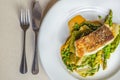 Grilled cod with asparagus and salad leaves on a white plate