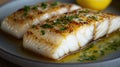Grilled cod fillets with lemon and herbs Royalty Free Stock Photo