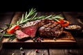 steak raw background dark fried grill roasted meat food beef red. Generative AI.