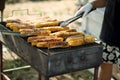 Grilled corn on barbeque brazier