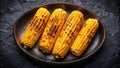 Grilled corn on the cob, arranged on a dark plate, showcasing delicious charred kernels and a rustic presentation. Generative AI Royalty Free Stock Photo