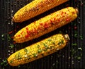 Grilled corn on the cob with butter, herbs, salt and aromatic spices on the grill plate Royalty Free Stock Photo