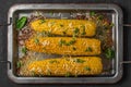 Grilled corn on the cob with butter, parmesan cheese and basil on baking sheet. top view Royalty Free Stock Photo