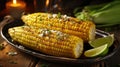 Grilled corn on the cob with butter and sea salt on the grill plate. Generative Ai Royalty Free Stock Photo