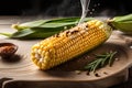 Grilled corn on the cob with a drizzle of melted butter and a sprinkle of salt. Generative AI