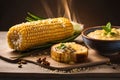 Grilled corn on the cob with a drizzle of melted butter and a sprinkle of salt. Generative AI