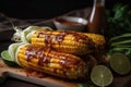 grilled corn on the cob, drizzled with tangy and spicy bbq sauce