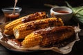 grilled corn on the cob, drizzled with tangy and spicy bbq sauce