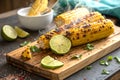 Grilled corn on the cob with lime wedges on board Royalty Free Stock Photo