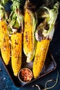 Grilled Corn on the Cob with Salt, paprika and Butter. Organic food, vegetarian meal. Barbecue, bbq. Maize, sweetcorn Royalty Free Stock Photo