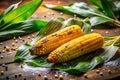 Grilled corn on the cob with seasoning, resting on lush green leaves, a rustic culinary delight. Generative AI Royalty Free Stock Photo