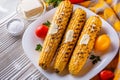 Grilled corn cob on white wooden rustic background Royalty Free Stock Photo