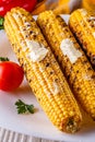Grilled corn cob on white wooden rustic background Royalty Free Stock Photo