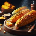 Grilled corn on the cob on a wooden cutting board with spices, emitting smoke and steam against a dark background. Royalty Free Stock Photo