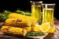 grilled corn cobs with lemon splashes beside