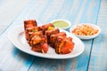 Grilled cottage cheese or also known as Paneer Tikka Kebab or chili paneer or chilli paneer or tandoori paneer in india India, bar Royalty Free Stock Photo