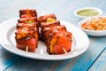 Grilled cottage cheese or also known as Paneer Tikka Kebab or chili paneer or chilli paneer or tandoori paneer in india India, bar Royalty Free Stock Photo