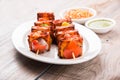 Grilled cottage cheese or also known as Paneer Tikka Kebab or chili paneer or chilli paneer or tandoori paneer in india India, bar Royalty Free Stock Photo