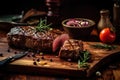 Grilled delicious steak on a wooden board , Juicy steak beef served with tomatoes and vegetables on a black wooden background. Royalty Free Stock Photo