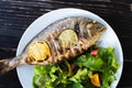 Grilled dorada fish with lemon pieces on white plate Royalty Free Stock Photo